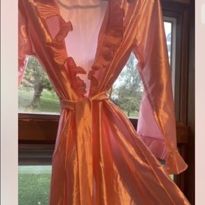 SALE! Vintage 60s Long Satin Peignoir Robe Pink Ruffles Mary Barron Nightie